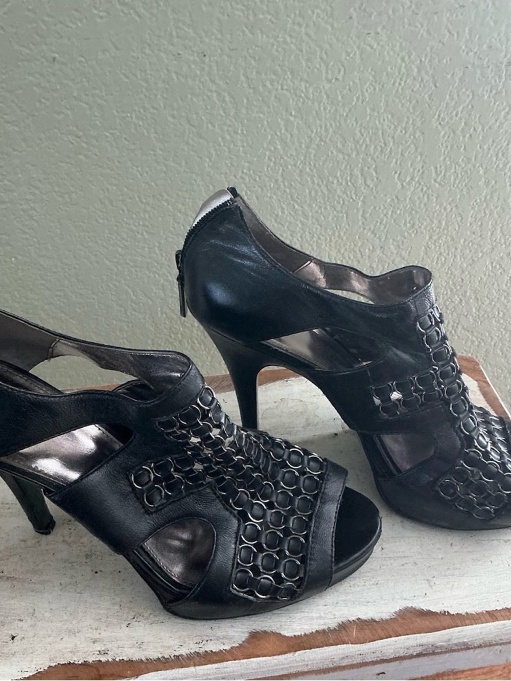 Calvin Klein Black Open-Toe High Heel Sandals with Chain-Link Detail